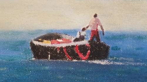 Phil Cloete ( 1936-2011) . Hout Bay Harbour with Chapman`s Peak. ORIGINAL OIL ON CANVAS.