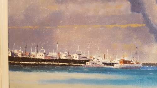 Phil Cloete ( 1936-2011) . Hout Bay Harbour with Chapman`s Peak. ORIGINAL OIL ON CANVAS.