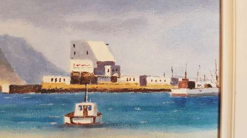 Phil Cloete ( 1936-2011) . Hout Bay Harbour with Chapman`s Peak. ORIGINAL OIL ON CANVAS.