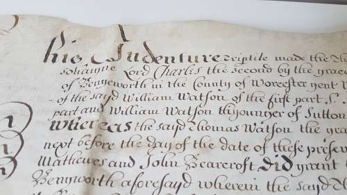 Handwritten Indenture dated 1679. On Vellum.  Concerning property in Bengeworth, England.