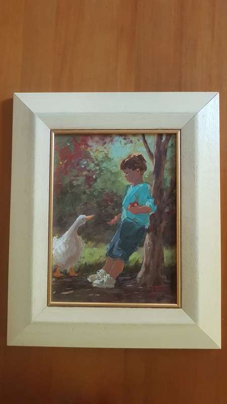 Lienkie Lombard (1949-) Mak Eend/ Boy with Duck. Original acrylic. Certificate of Authenticity.