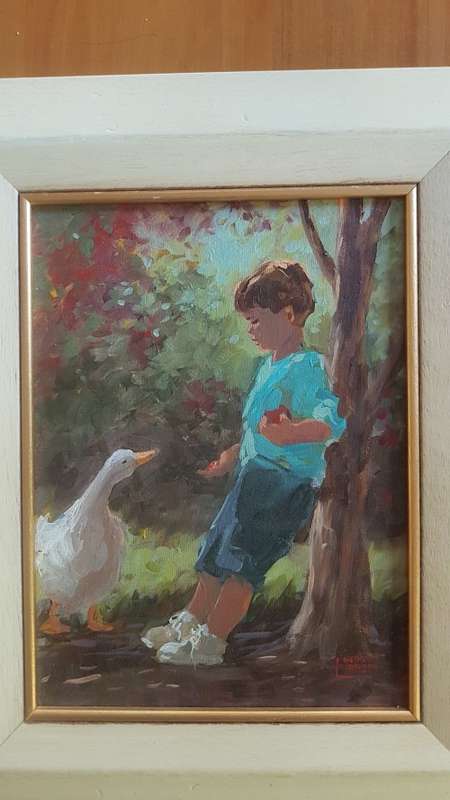 Lienkie Lombard (1949-) Mak Eend/ Boy with Duck. Original acrylic. Certificate of Authenticity.