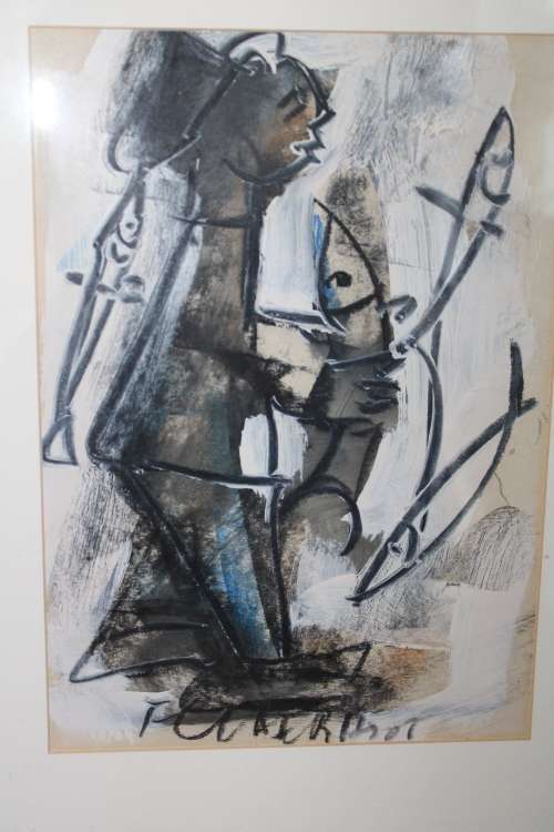 Frans Claerhout. Fisherman with fish.  Mixed Media Original Painting. Framed.