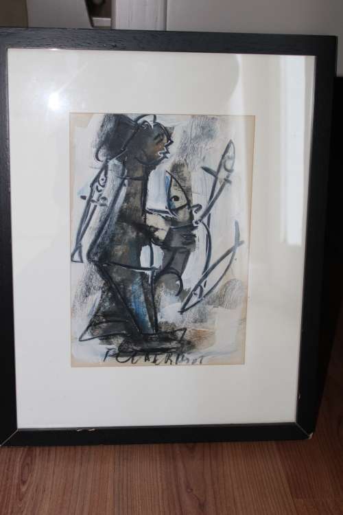 Frans Claerhout. Fisherman with fish.  Mixed Media Original Painting. Framed.