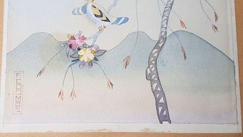 Frank Coombs (1906-1941)  Exquisite Art Deco Fine Watercolour and Enamel. Birds in a flowering tree