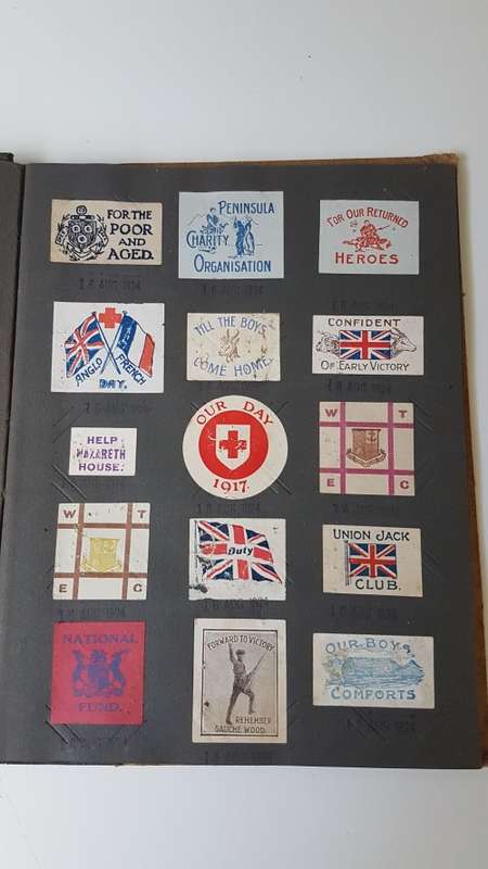 World War 1 Era Album with 165 Charity Labels/ Stickers  for War Effort + Rhodesia Lottery UNTOUCHED