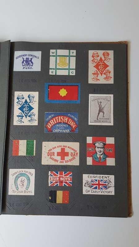 World War 1 Era Album with 165 Charity Labels/ Stickers  for War Effort + Rhodesia Lottery UNTOUCHED