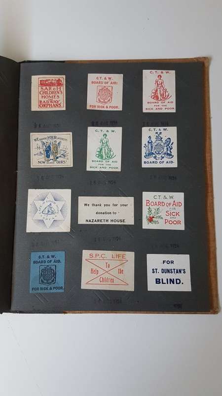 World War 1 Era Album with 165 Charity Labels/ Stickers  for War Effort + Rhodesia Lottery UNTOUCHED