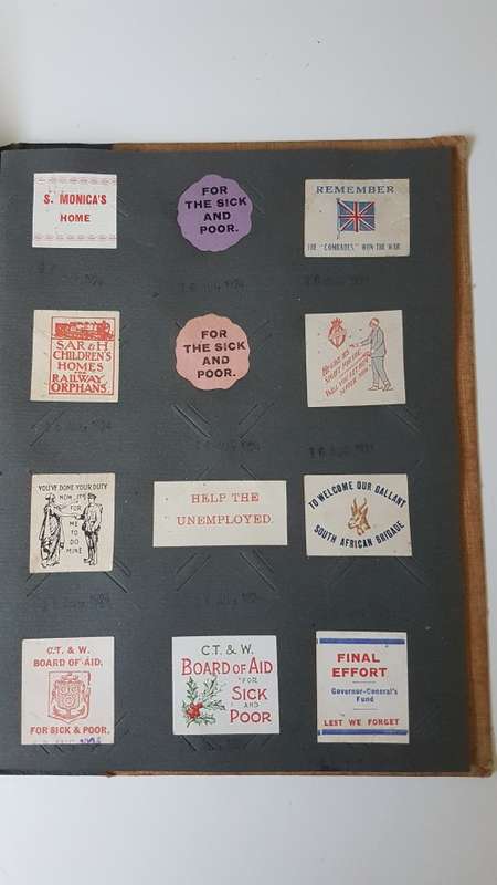 World War 1 Era Album with 165 Charity Labels/ Stickers  for War Effort + Rhodesia Lottery UNTOUCHED