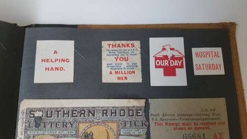 World War 1 Era Album with 165 Charity Labels/ Stickers  for War Effort + Rhodesia Lottery UNTOUCHED