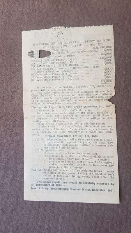 Southern Rhodesia Lottery Ticket. 1937 Rhino Early Issue Number 93