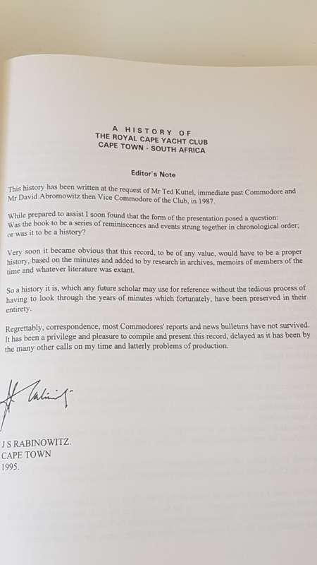 A History of the Royal Cape Yacht Club 1904-1990. Signed, Inscribed, Dated by Author J.S. Rabinowitz