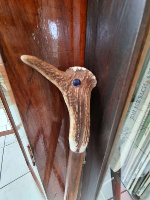 Unusual Walking Stick With Solid Antler and Beads Bird Head