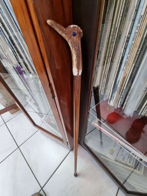 Unusual Walking Stick With Solid Antler and Beads Bird Head