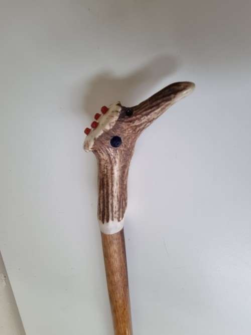 Unusual Walking Stick With Solid Antler and Beads Bird Head