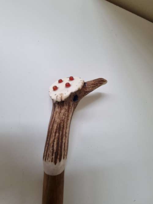 Unusual Walking Stick With Solid Antler and Beads Bird Head