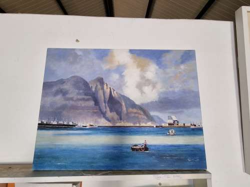 Phil Cloete ( 1936-2011) . Hout Bay Harbour with Chapman`s Peak. ORIGINAL OIL ON CANVAS.