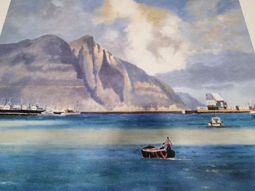 Phil Cloete ( 1936-2011) . Hout Bay Harbour with Chapman`s Peak. ORIGINAL OIL ON CANVAS.