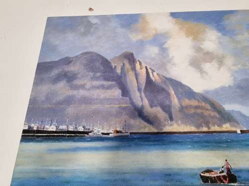 Phil Cloete ( 1936-2011) . Hout Bay Harbour with Chapman`s Peak. ORIGINAL OIL ON CANVAS.