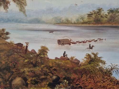 Joseph Forsyth Ingram (1858-1923 ). Crossing the Tugela. Original Oil, Large (75 x 50 cm)  cf Baines