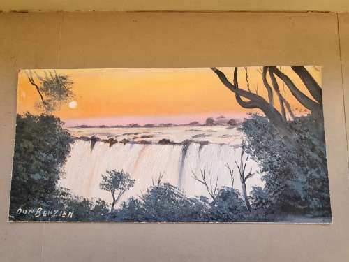 Don Benzien. Victoria Falls at Sunset. Signed Oil on Board.