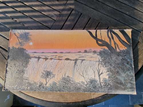 Don Benzien. Victoria Falls at Sunset. Signed Oil on Board.