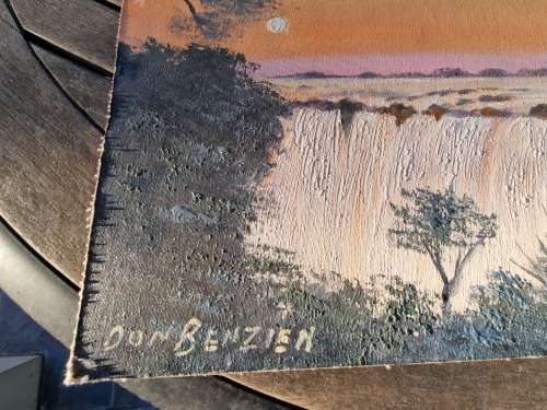 Don Benzien. Victoria Falls at Sunset. Signed Oil on Board.