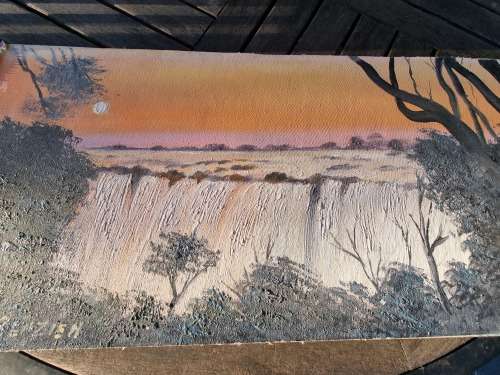 Don Benzien. Victoria Falls at Sunset. Signed Oil on Board.