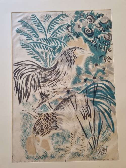 Molly D`Arcy Thompson.( 1908-2010 ) Hand Signed Lithograph. Two Cocks in a Garden.
