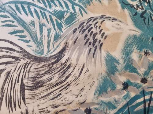 Molly D`Arcy Thompson.( 1908-2010 ) Hand Signed Lithograph. Two Cocks in a Garden.