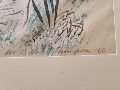 Molly D`Arcy Thompson.( 1908-2010 ) Hand Signed Lithograph. Two Cocks in a Garden.