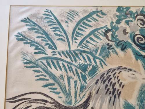 Molly D`Arcy Thompson.( 1908-2010 ) Hand Signed Lithograph. Two Cocks in a Garden.