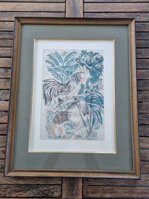 Molly D`Arcy Thompson.( 1908-2010 ) Hand Signed Lithograph. Two Cocks in a Garden.