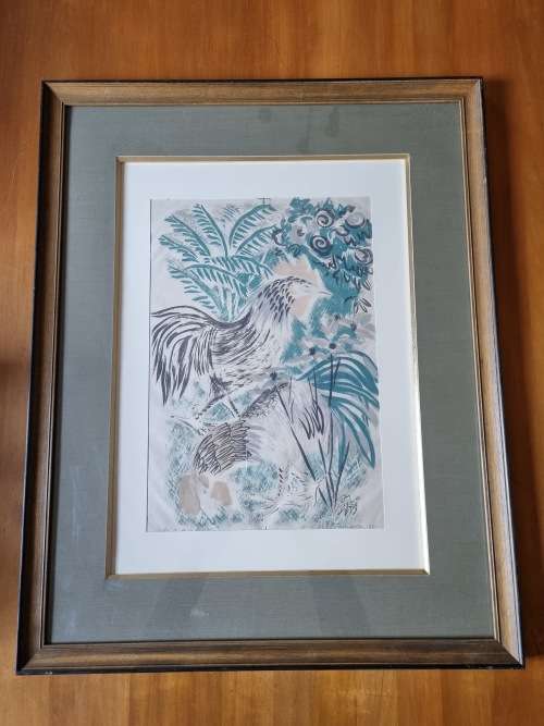 Molly D`Arcy Thompson.( 1908-2010 ) Hand Signed Lithograph. Two Cocks in a Garden.