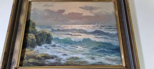 M. Rinaldi ( 1919 - ). Sunset over the Tyrrhenian Sea, Italy, 1946.  Original Oil Painting.