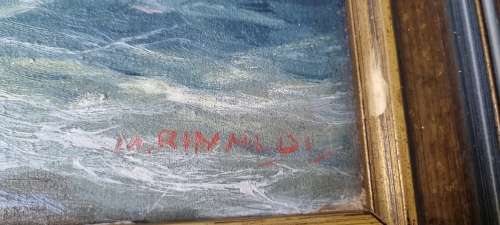 M. Rinaldi ( 1919 - ). Sunset over the Tyrrhenian Sea, Italy, 1946.  Original Oil Painting.