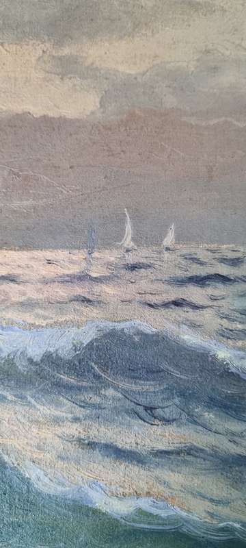 M. Rinaldi ( 1919 - ). Sunset over the Tyrrhenian Sea, Italy, 1946.  Original Oil Painting.