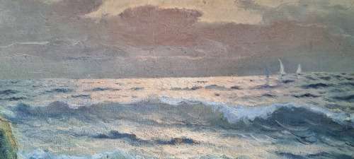 M. Rinaldi ( 1919 - ). Sunset over the Tyrrhenian Sea, Italy, 1946.  Original Oil Painting.