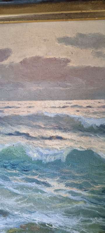 M. Rinaldi ( 1919 - ). Sunset over the Tyrrhenian Sea, Italy, 1946.  Original Oil Painting.