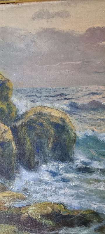 M. Rinaldi ( 1919 - ). Sunset over the Tyrrhenian Sea, Italy, 1946.  Original Oil Painting.