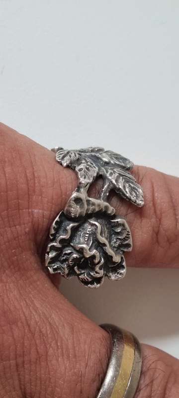 Rose and Leaves Stem Solid Silver Ring. Stunning detail!  7.1 grams heavy!  HAND MADE.