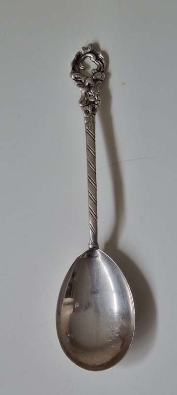 Solid Silver Serving Spoon, Ornate Decorated. Marked 0.835 . 23.8 grams. Christoph Widmann. German.