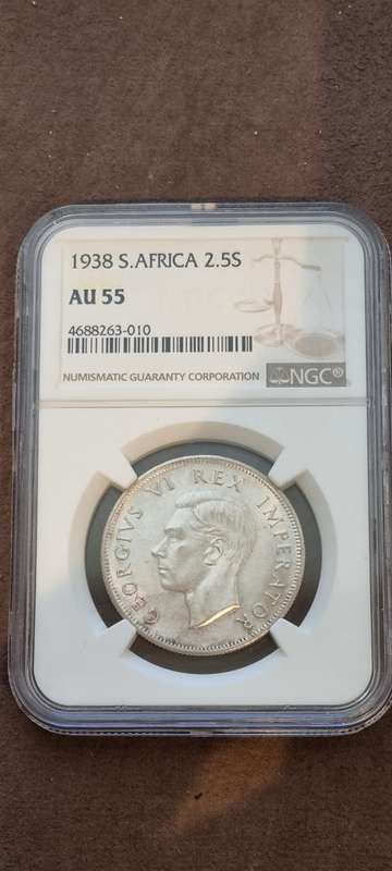 1938 South Africa 2.5 shillings ( half crown ) NGC graded AU 55.