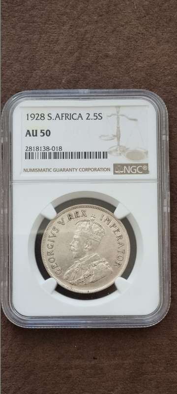 1928 South Africa 2.5 shillings ( half crown ) NGC graded AU 50.