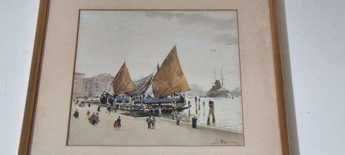 Aurelio Craffonara ( 1875-1945 )  WATERCOLOUR: Genoa Harbour Scene, Caravel and Battleship, c. 1930