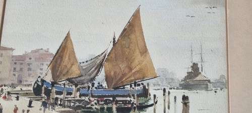 Aurelio Craffonara ( 1875-1945 )  WATERCOLOUR: Genoa Harbour Scene, Caravel and Battleship, c. 1930