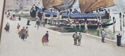 Aurelio Craffonara ( 1875-1945 )  WATERCOLOUR: Genoa Harbour Scene, Caravel and Battleship, c. 1930