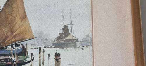 Aurelio Craffonara ( 1875-1945 )  WATERCOLOUR: Genoa Harbour Scene, Caravel and Battleship, c. 1930