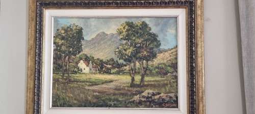 Carlo Sdoya ( 1914- 1996 )  Cape-Dutch House in Banhoek Valley Stellenbosch . Oil Painting, signed