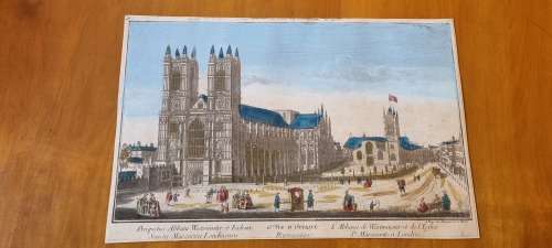 Westminster Abbey. George Balthasar Probst  (1732-1801 ). ORIGINAL 1700s  ENGRAVING. HAND COLOUR!